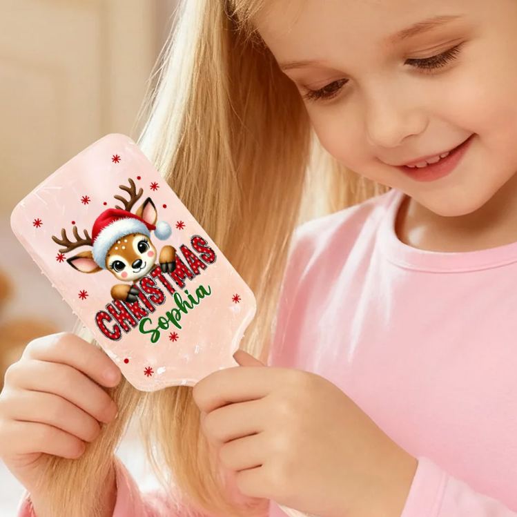 Personalized Reindeer Hair Brush with Custom Name and Festive Christmas Design for Kids and Holiday Cheer Hair Brush