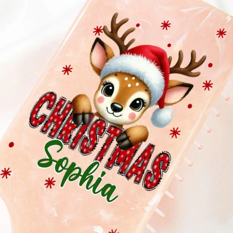 Personalized Reindeer Hair Brush with Custom Name and Festive Christmas Design for Kids and Holiday Cheer Hair Brush