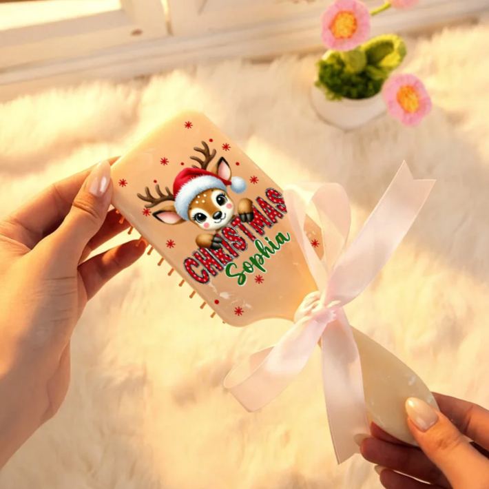 Personalized Reindeer Hair Brush with Custom Name and Festive Christmas Design for Kids and Holiday Cheer Hair Brush