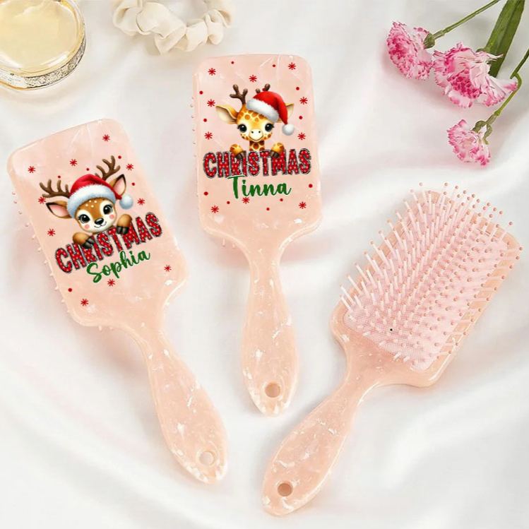 Personalized Reindeer Hair Brush with Custom Name and Festive Christmas Design for Kids and Holiday Cheer Hair Brush