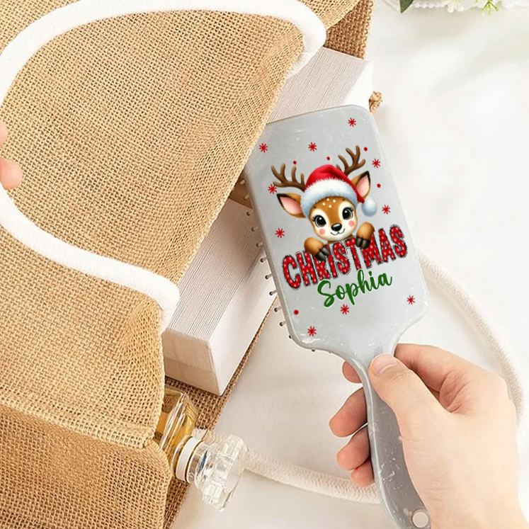 Personalized Reindeer Hair Brush with Custom Name and Festive Christmas Design for Kids and Holiday Cheer Hair Brush