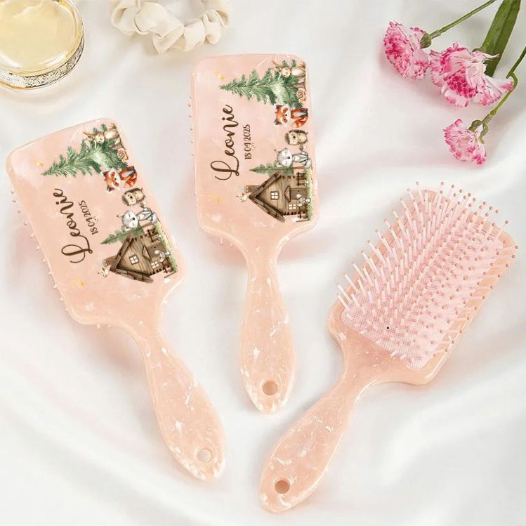 Personalized Woodland Hair Brush with Custom Name and Date Featuring Cozy Cabin and Forest Animals Design Hair Brush