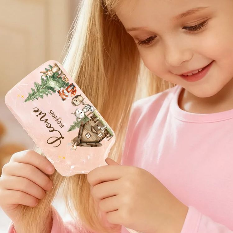 Personalized Woodland Hair Brush with Custom Name and Date Featuring Cozy Cabin and Forest Animals Design Hair Brush
