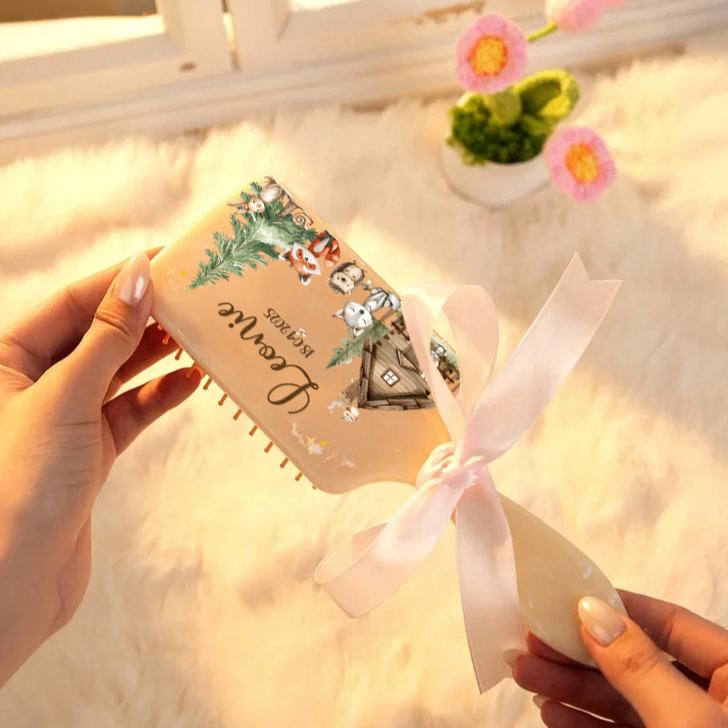 Personalized Woodland Hair Brush with Custom Name and Date Featuring Cozy Cabin and Forest Animals Design Hair Brush