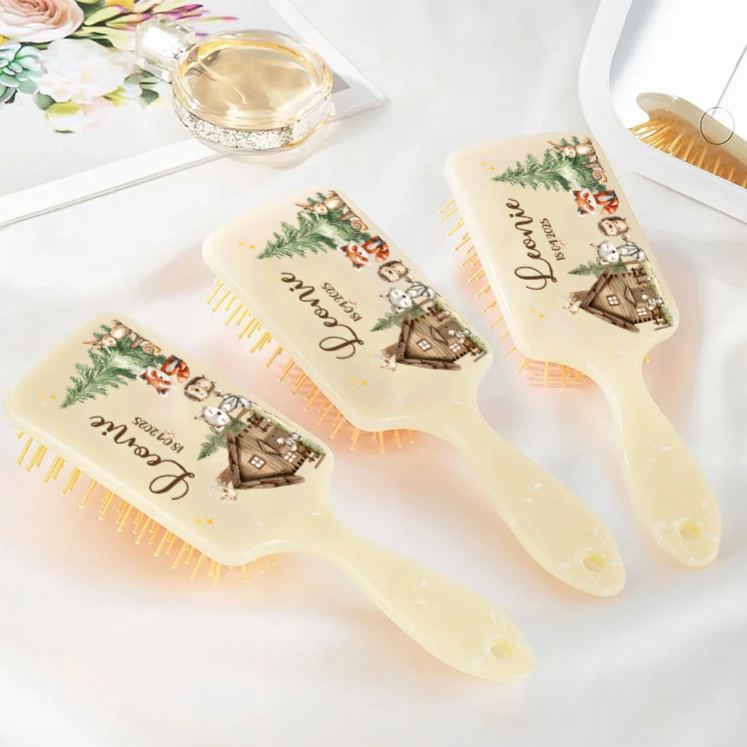 Personalized Woodland Hair Brush with Custom Name and Date Featuring Cozy Cabin and Forest Animals Design Hair Brush