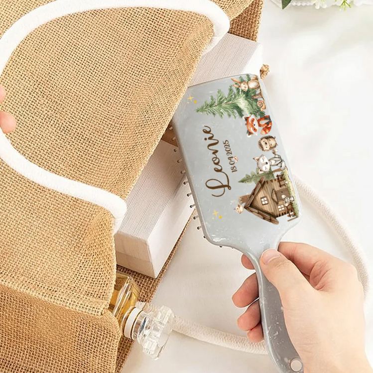 Personalized Woodland Hair Brush with Custom Name and Date Featuring Cozy Cabin and Forest Animals Design Hair Brush