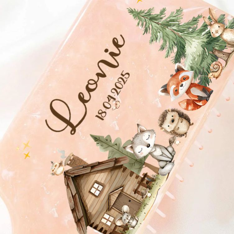 Personalized Woodland Hair Brush with Custom Name and Date Featuring Cozy Cabin and Forest Animals Design Hair Brush