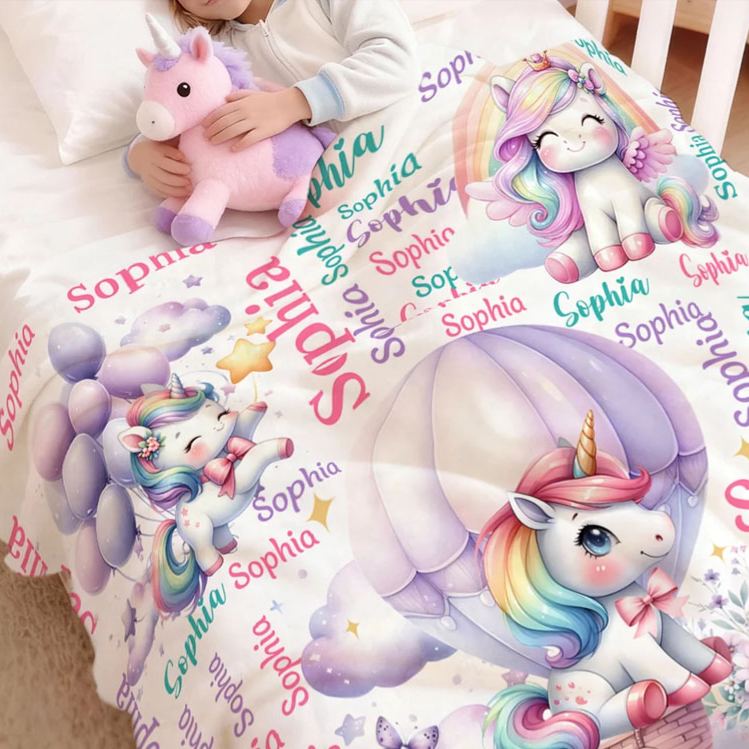 Personalized Cute Stars Rainbow Fantasy Unicorn Soft Throw Blanket with Name Home Decor Birthday Gift for Kids Unicorn Lovers
