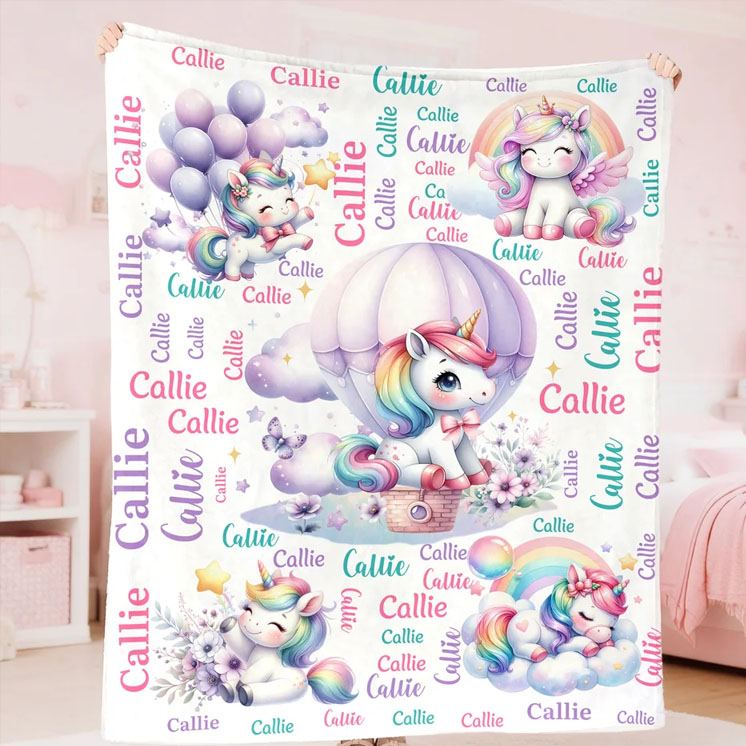 Personalized Cute Stars Rainbow Fantasy Unicorn Soft Throw Blanket with Name Home Decor Birthday Gift for Kids Unicorn Lovers