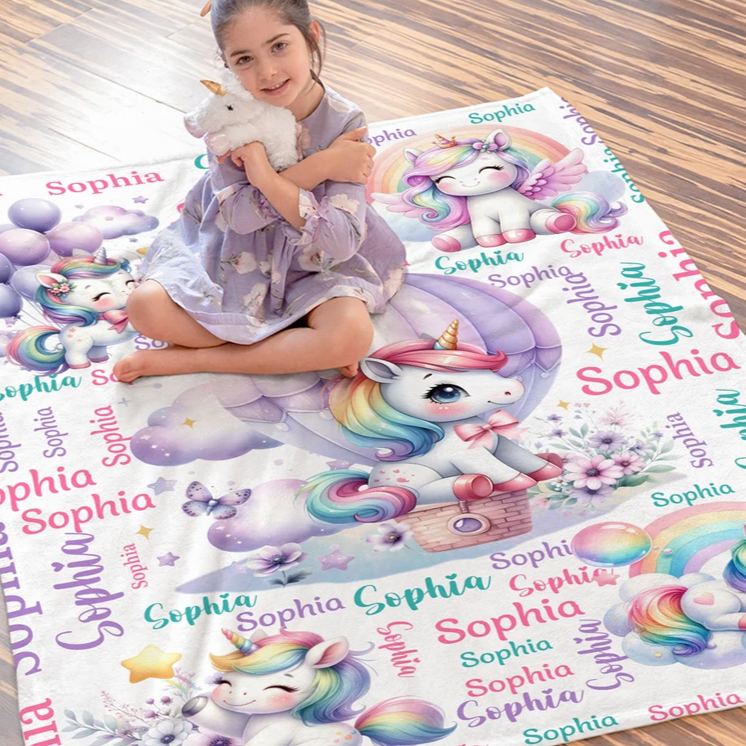 Personalized Cute Stars Rainbow Fantasy Unicorn Soft Throw Blanket with Name Home Decor Birthday Gift for Kids Unicorn Lovers
