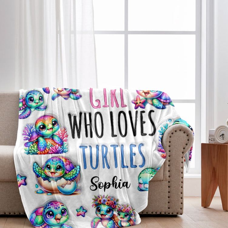 Personalized Turtle Lover Blanket with Colorful Turtle Design and Custom Name for Turtle Enthusiasts Blanket