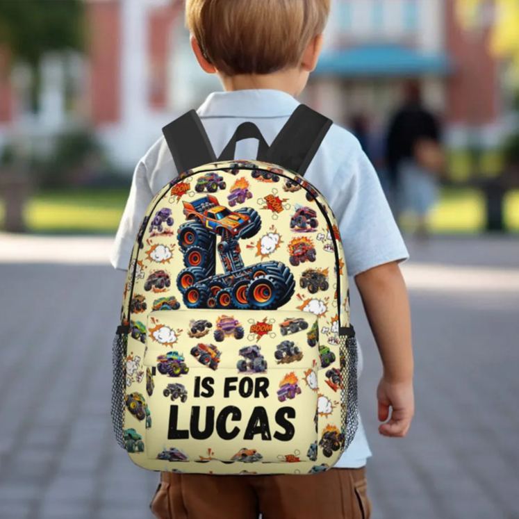 Personalized Big Wheel Off-Road Truck Initial Large Kid Backpack with Name and Side Pockets Daily Use Back to School Birthday Gift for Kids
