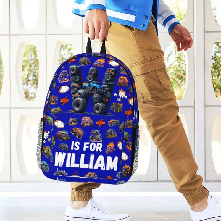 Personalized Big Wheel Off-Road Truck Initial Large Kid Backpack with Name and Side Pockets Daily Use Back to School Birthday Gift for Kids