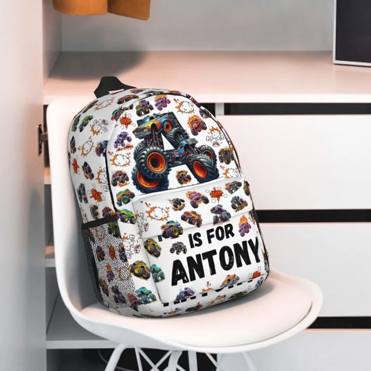 Personalized Big Wheel Off-Road Truck Initial Large Kid Backpack with Name and Side Pockets Daily Use Back to School Birthday Gift for Kids