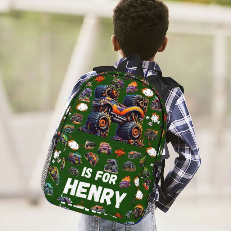 Personalized Big Wheel Off-Road Truck Initial Large Kid Backpack with Name and Side Pockets Daily Use Back to School Birthday Gift for Kids