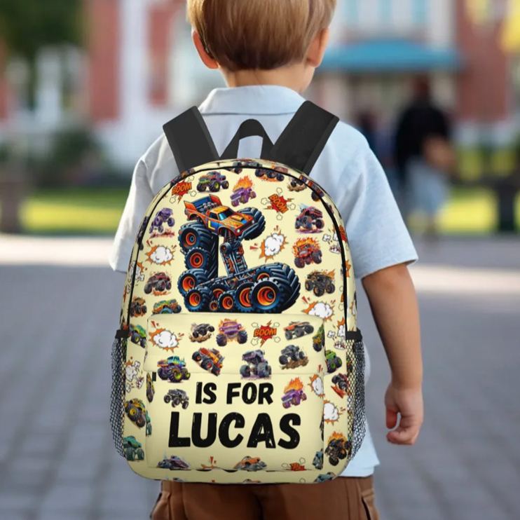 Personalized Big Wheel Off-Road Truck Initial Large Kid Backpack with Name and Side Pockets Daily Use Back to School Birthday Gift for Kids
