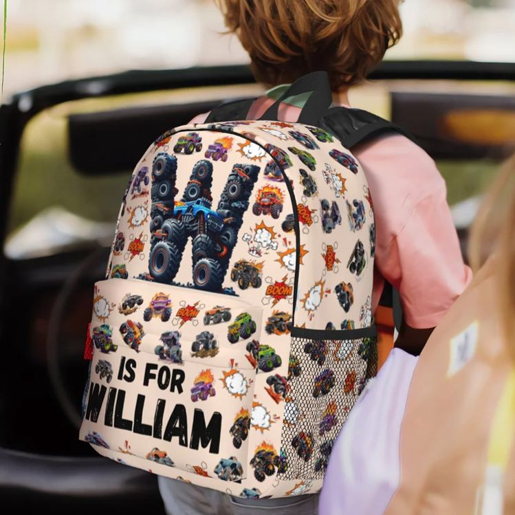 Personalized Big Wheel Off-Road Truck Initial Large Kid Backpack with Name and Side Pockets Daily Use Back to School Birthday Gift for Kids