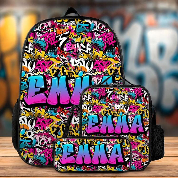 Personalized Colorful Graffiti Style Name Backpack Lunch Bag Pencil Case Set Back to School Birthday Gift for Boys Girls Students