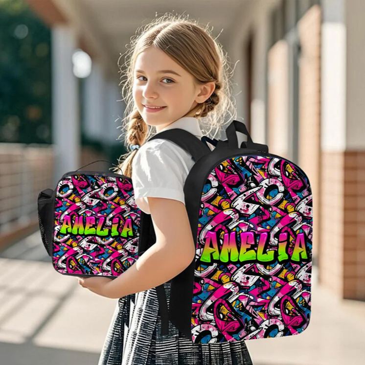 Personalized Colorful Graffiti Style Name Backpack Lunch Bag Pencil Case Set Back to School Birthday Gift for Boys Girls Students