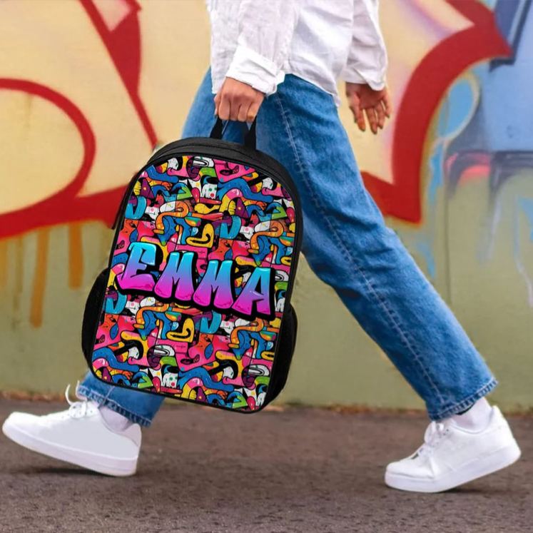Personalized Colorful Graffiti Style Name Backpack Lunch Bag Pencil Case Set Back to School Birthday Gift for Boys Girls Students
