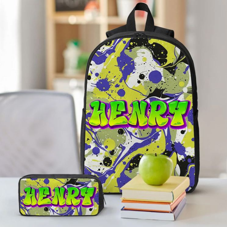 Personalized Colorful Graffiti Style Name Backpack Lunch Bag Pencil Case Set Back to School Birthday Gift for Boys Girls Students