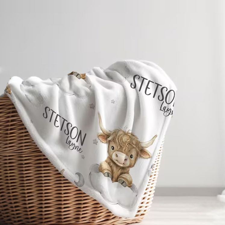 Personalized Cute Highland Cow Baby Blanket with Custom Name and Adorable Animal Graphic for Cozy Comfort Blanket