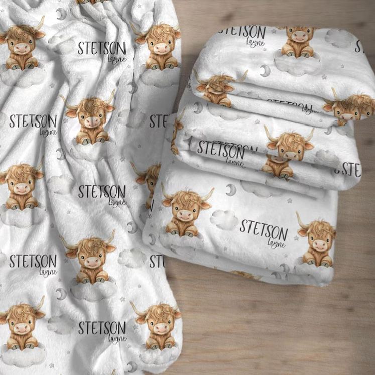 Personalized Cute Highland Cow Baby Blanket with Custom Name and Adorable Animal Graphic for Cozy Comfort Blanket