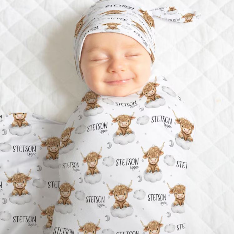 Personalized Cute Highland Cow Baby Blanket with Custom Name and Adorable Animal Graphic for Cozy Comfort Blanket