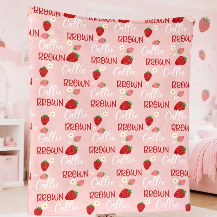 Personalized Flower Strawberry Peach Cherry Pink Soft Throw Blanket with Name Home Decor Birthday Christmas Gift for Girls