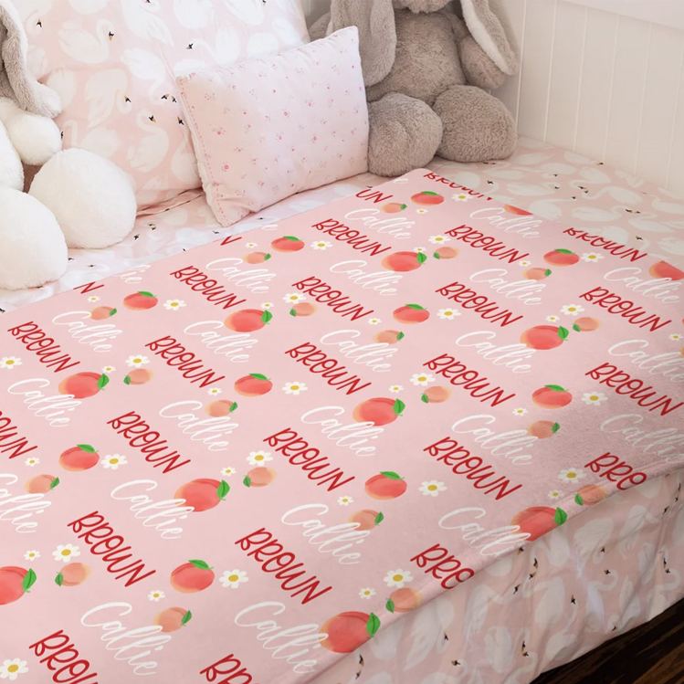 Personalized Flower Strawberry Peach Cherry Pink Soft Throw Blanket with Name Home Decor Birthday Christmas Gift for Girls