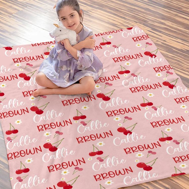 Personalized Flower Strawberry Peach Cherry Pink Soft Throw Blanket with Name Home Decor Birthday Christmas Gift for Girls