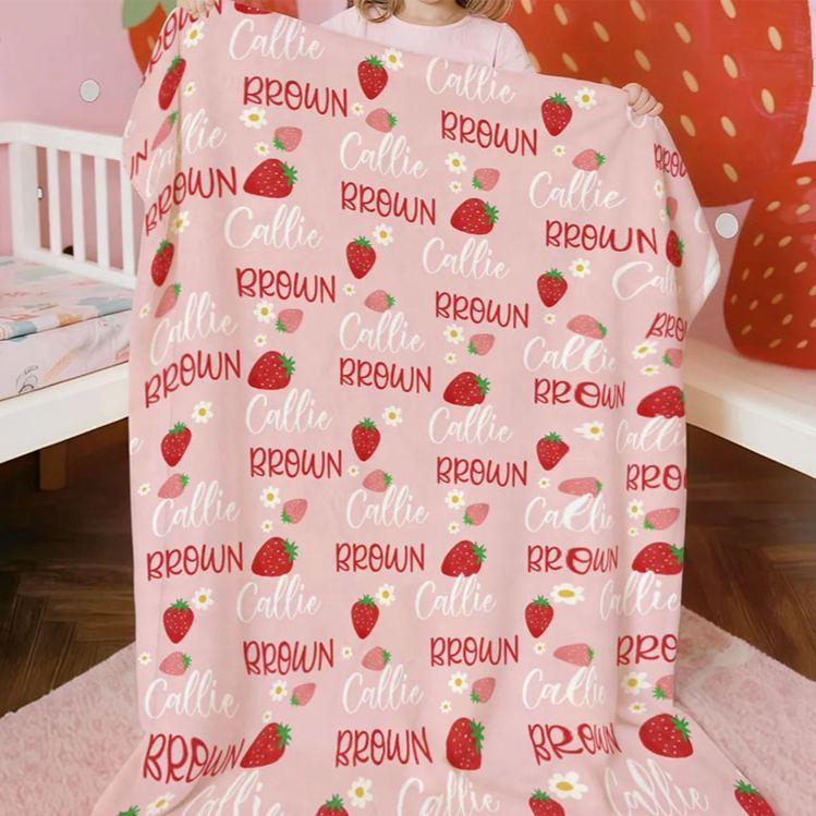 Personalized Flower Strawberry Peach Cherry Pink Soft Throw Blanket with Name Home Decor Birthday Christmas Gift for Girls