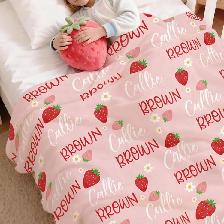 Personalized Flower Strawberry Peach Cherry Pink Soft Throw Blanket with Name Home Decor Birthday Christmas Gift for Girls
