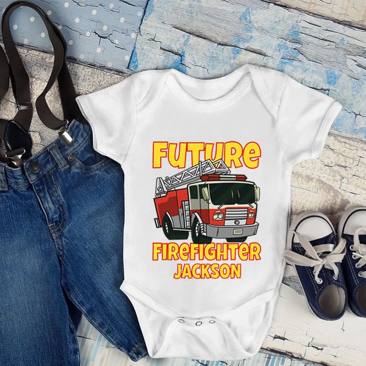 Personalized Future Firefighter Baby Bodysuit with Custom Name and Bold Fire Truck Graphic for Aspiring Heroes Baby Bodysuit