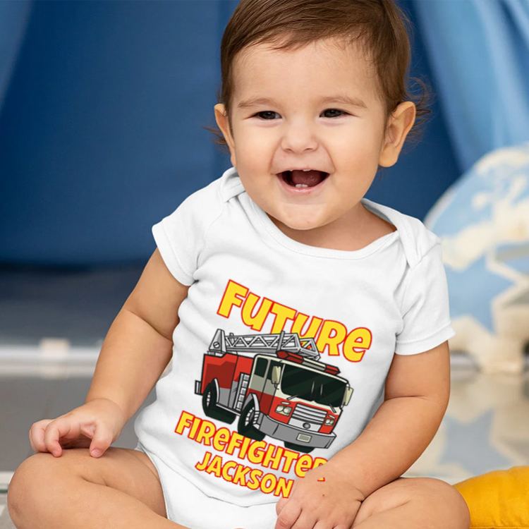 Personalized Future Firefighter Baby Bodysuit with Custom Name and Bold Fire Truck Graphic for Aspiring Heroes Baby Bodysuit