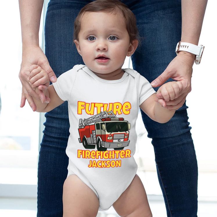 Personalized Future Firefighter Baby Bodysuit with Custom Name and Bold Fire Truck Graphic for Aspiring Heroes Baby Bodysuit