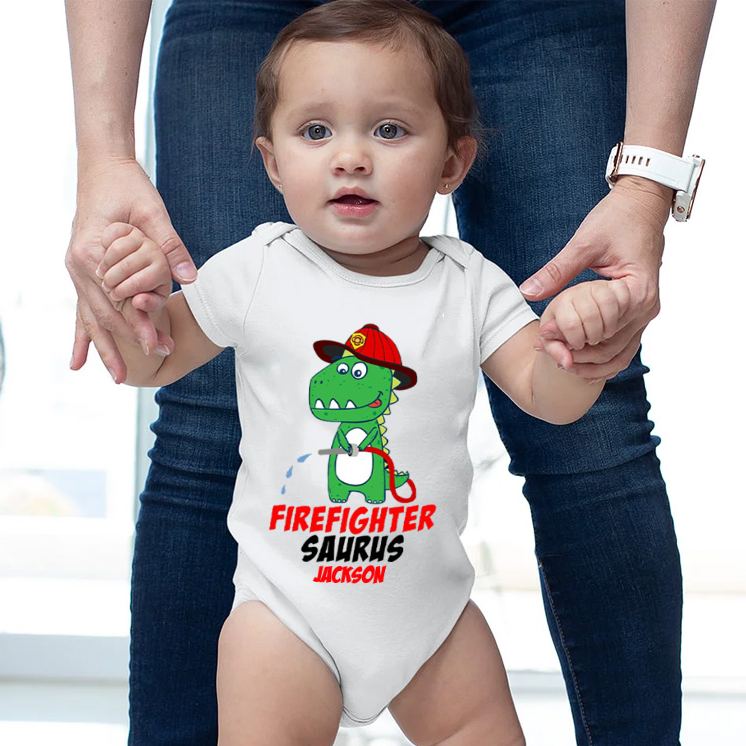Personalized Firefighter Saurus Baby Bodysuit with Custom Name and Cute Dinosaur Firefighter Graphic for Little Heroes Baby Bodysuit