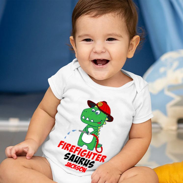 Personalized Firefighter Saurus Baby Bodysuit with Custom Name and Cute Dinosaur Firefighter Graphic for Little Heroes Baby Bodysuit