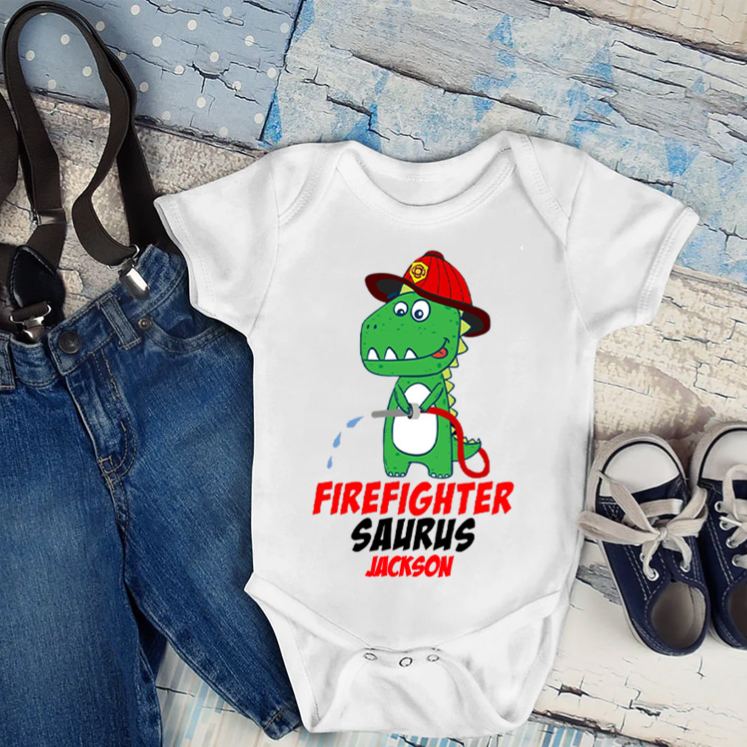 Personalized Firefighter Saurus Baby Bodysuit with Custom Name and Cute Dinosaur Firefighter Graphic for Little Heroes Baby Bodysuit
