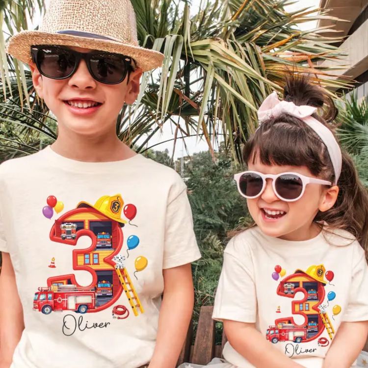 Personalized Fire Truck Birthday Kids T-Shirt with Custom Name and Colorful Birth Number Three Graphic for Celebrating Little Heroes Kids T-Shirt