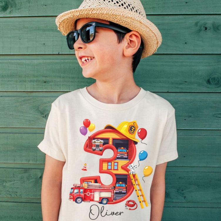 Personalized Fire Truck Birthday Kids T-Shirt with Custom Name and Colorful Birth Number Three Graphic for Celebrating Little Heroes Kids T-Shirt