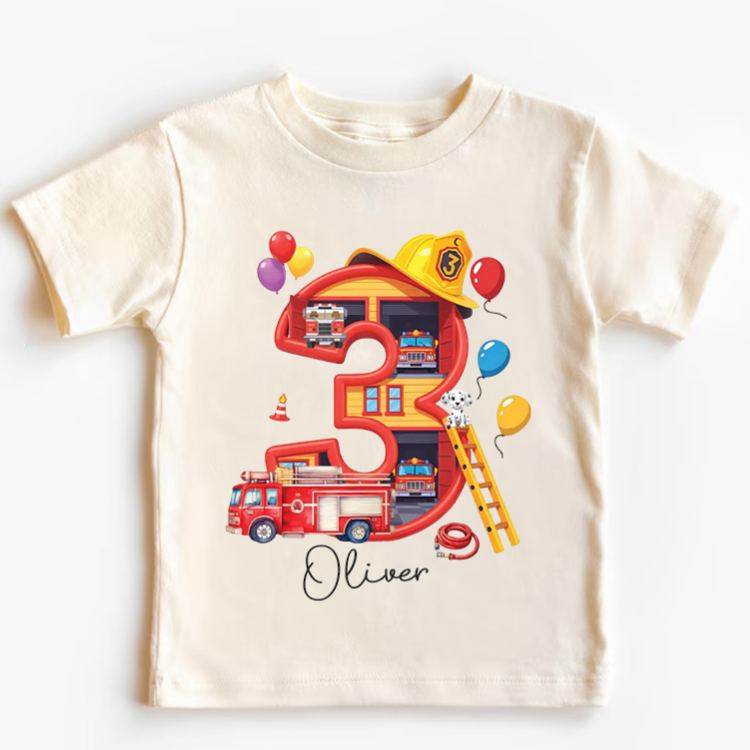 Personalized Fire Truck Birthday Kids T-Shirt with Custom Name and Colorful Birth Number Three Graphic for Celebrating Little Heroes Kids T-Shirt
