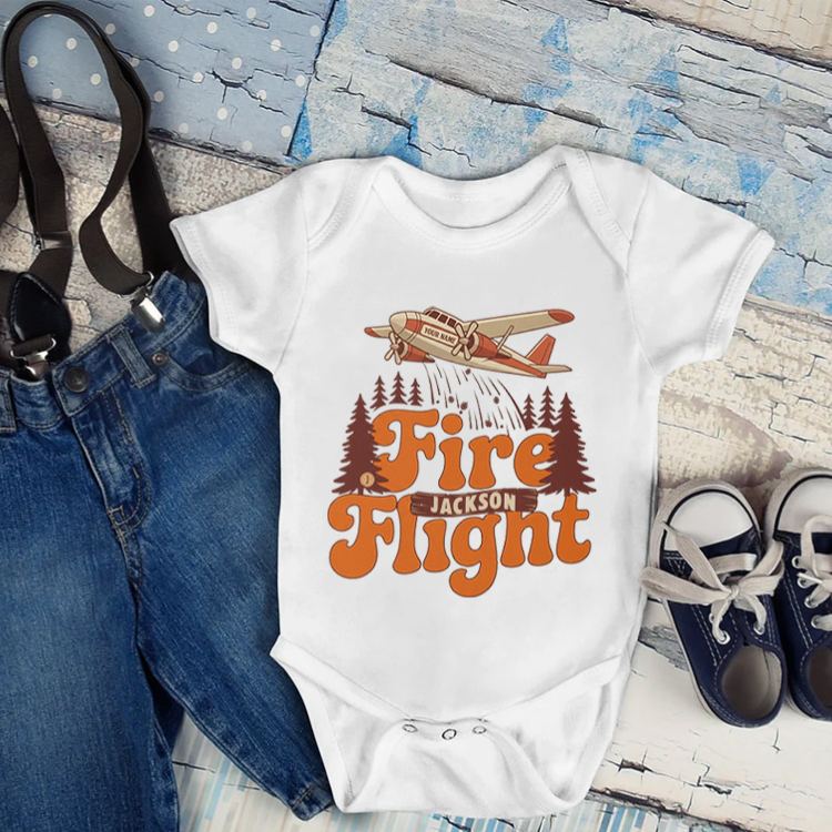 Personalized Fire Flight Baby Bodysuit with Custom Name and Vintage Aerial Firefighter Plane Graphic for Little Adventurers Baby Bodysuit