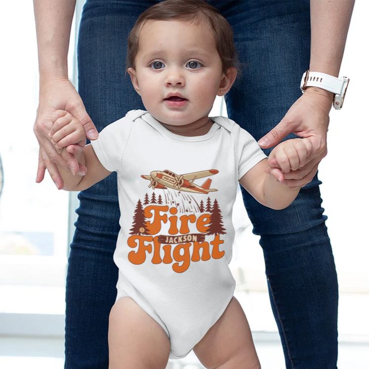 Personalized Fire Flight Baby Bodysuit with Custom Name and Vintage Aerial Firefighter Plane Graphic for Little Adventurers Baby Bodysuit