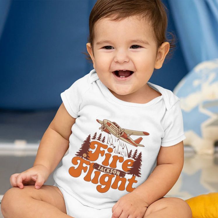 Personalized Fire Flight Baby Bodysuit with Custom Name and Vintage Aerial Firefighter Plane Graphic for Little Adventurers Baby Bodysuit