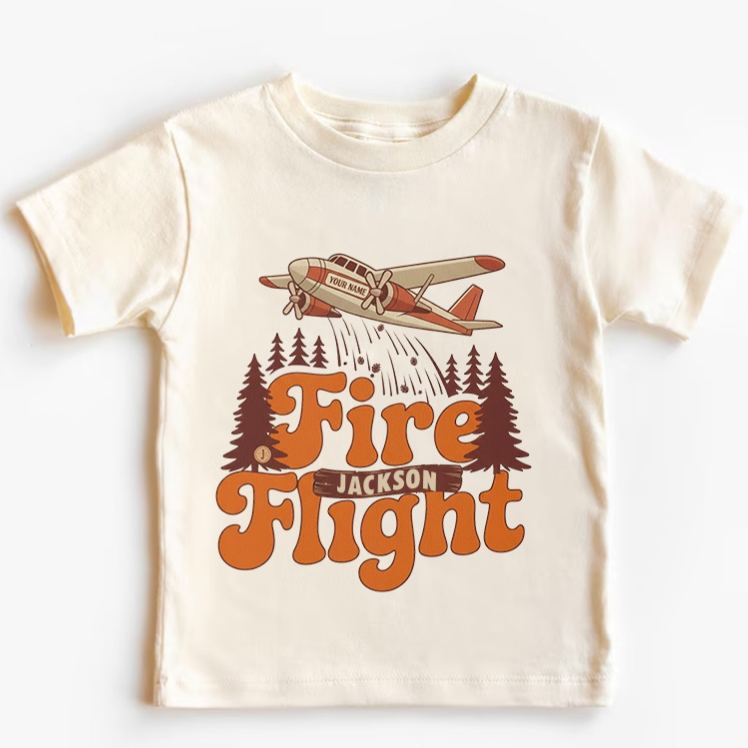 Personalized Fire Flight Kids T-Shirt with Custom Name and Retro Aerial Firefighter Plane Graphic for Little Adventurers Kids T-Shirt