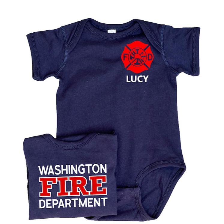 Personalized Fire Department Baby Bodysuit with Custom Name and Bold Firefighter Emblem for Little Heroes Baby Bodysuit