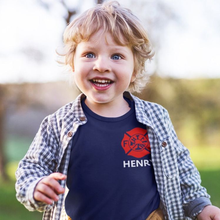 Personalized Fire Department Baby Bodysuit with Custom Name and Bold Firefighter Emblem for Little Heroes Baby Bodysuit