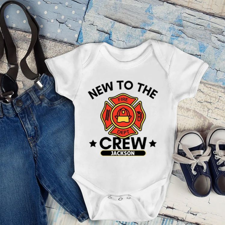 Personalized Firefighter Crew Baby Bodysuit with Custom Name and Bold New to the Crew Emblem for Little Heroes Baby Bodysuit