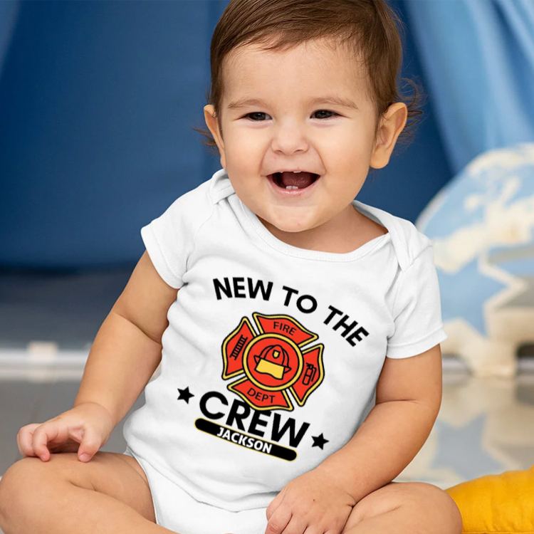 Personalized Firefighter Crew Baby Bodysuit with Custom Name and Bold New to the Crew Emblem for Little Heroes Baby Bodysuit